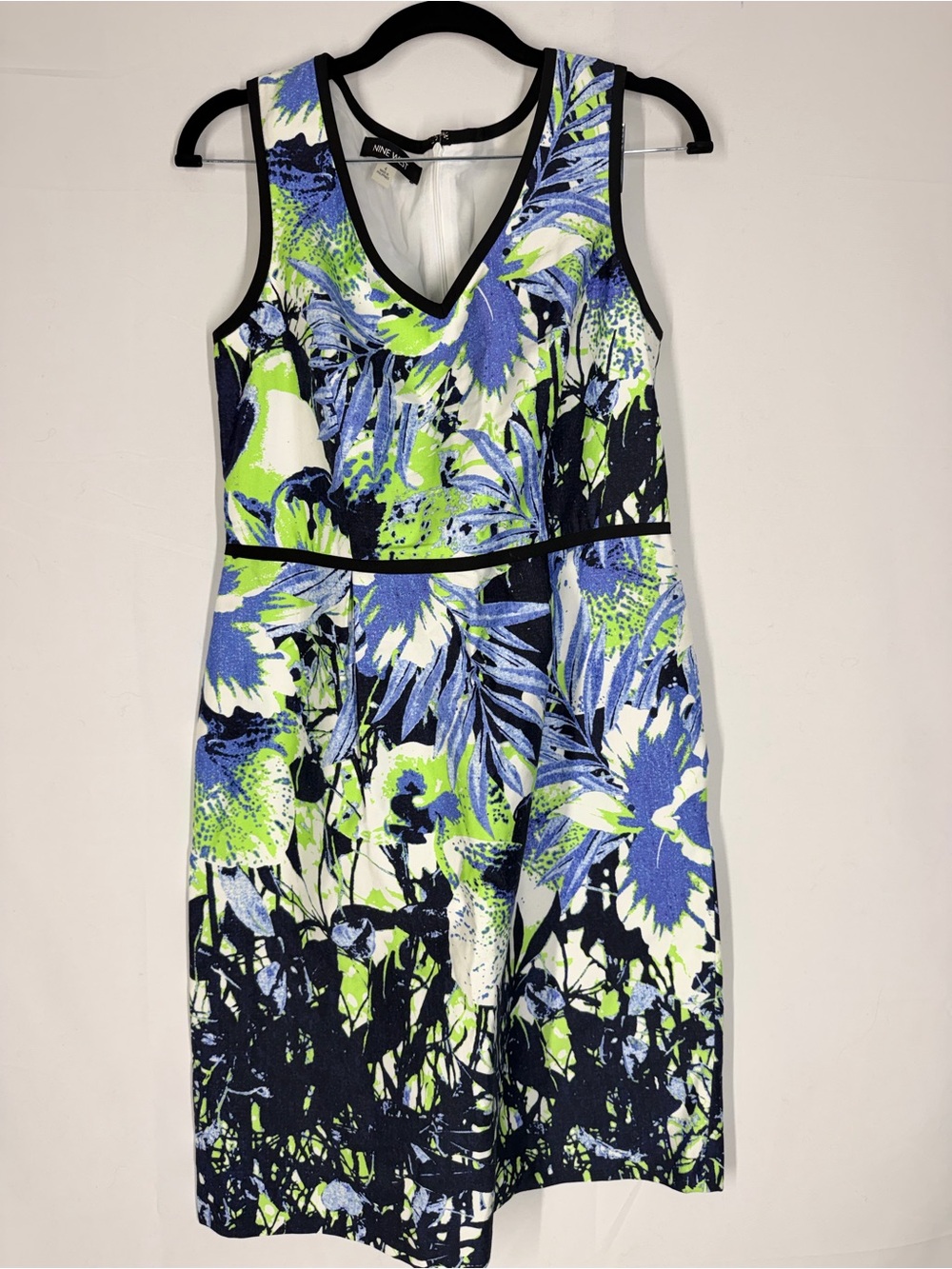 Nine West Sleeveless V-Neck Floral Midi Dress in Blue, Lime & White